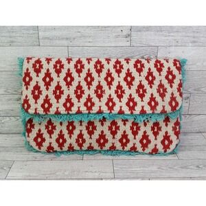Roberta Freymann Roller Rabbit Red Teal Geometric Boho Clutch Bag Purse Fringe